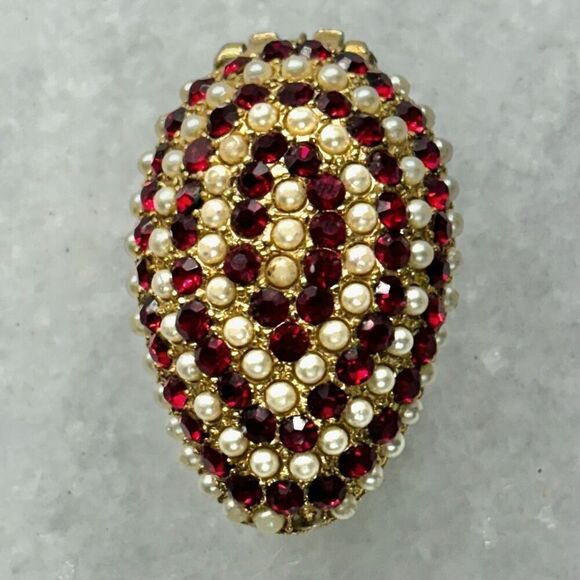 Rhinestone & Faux Pearl Beads Embellished Hinge Trinket Box Gold-tone Red 2" - Picture 1 of 5